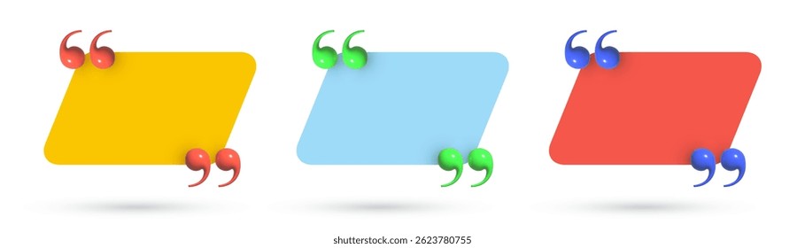 Trendy colorful banner with 3d realistic quotation marks. Social media post template with quotes. Empty quote bubbles