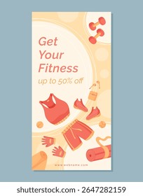 Trendy colorful banner design with fitness equipment and workout tools on a vibrant background. Includes gym accessories like dumbbells, yoga mat, and sneakers. Perfect for sport, exercise, training,