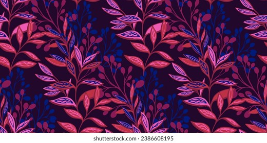 Trendy colorful bright seamless pattern with modern, creative leaves, branches, stem on a dark background. Vector hand drawn.  Template for design