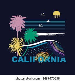 Trendy colorful California stylish t-shirt and apparel modern design with beach vibes and palm trees, typography, coral,sun,brid in vector illustration.Design for any graphic uses on navy blue b