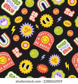 Trendy colorful cartoon stickers seamless pattern with smiling face and text. Collection of cute funny  icons, positive slogans in style 70, 80s. Vector illustration