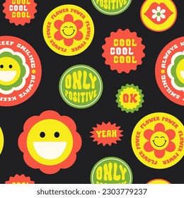 Trendy colorful cartoon stickers seamless pattern with smiling face and text. Collection of cute funny icons, positive slogans in style 70, 80s. Vector illustration