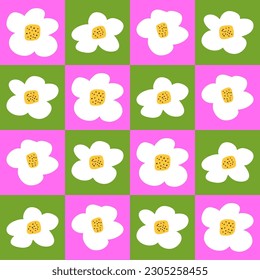 Trendy colorful checkered seamless pattern with hand drawn flowers. Retro style vector geometric background. 70s, 60s floral backdrop wallpaper