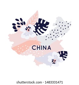 
Trendy colorful China map decorated with cute floral ontaments and country name lettering, perfect for touristic prints or souvenirs
