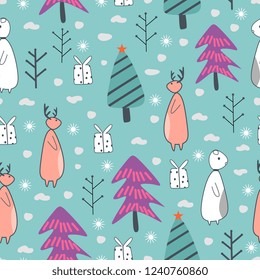 Trendy colorful christmas seamless pattern childish drawing style background. Vector cute hand drawn decorative illustration for kids, baby, and children fashion textile print.