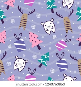 Trendy colorful christmas seamless pattern childish drawing style background. Vector cute hand drawn decorative illustration for kids, baby, and children fashion textile print.