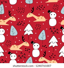 Trendy colorful christmas seamless pattern childish drawing style background. Vector cute hand drawn decorative illustration for kids, baby, and children fashion textile print.