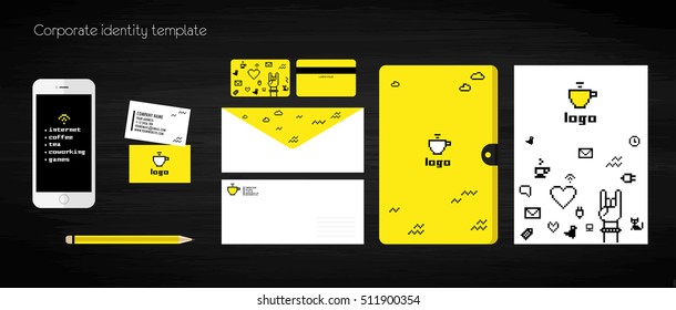 Trendy colorful Corporate identity template set. Business stationery mock-up with logo. Branding design. Colorful yellow background. co working, cup