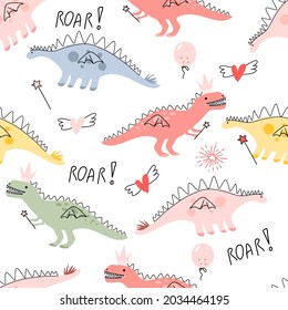 Trendy colorful dino hand drawn seamless pattern in doodle style on white background for fashion print, wallpaper, gift wrapping paper etc.