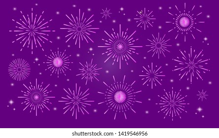 Trendy colorful fireworks. Celebration fire firework, christmas or mardi gras, brazil carnival, or pyrotechnics for party festival celebration or anniversary firecracker background isolated set
