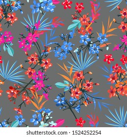 Trendy colorful Floral pattern in the many kind of flowers. Botanical Motifs scattered random. Seamless vector texture. for fashion prints. Printing with in hand drawn style on light grey background.