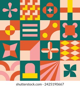 Diseño de arte geométrico colorido de moda. Collage de ilustración en colores llamativos verde, rojo, amarillo y beige vector retro.