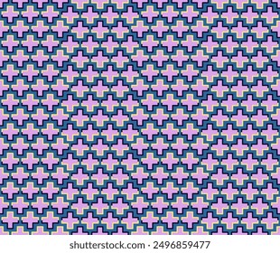 Trendy colorful geometric pattern with abstract crosses in pastel shades. Repeating retro-style design with purple, blue, and yellow tones, perfect for modern wallpaper, textiles, and digital prints
