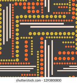 Trendy colorful geometric seamless pattern. Mix polka dots with stripe. Modern vector illustration on brown background. Good for fashion, design, fabric, clothing, print. Retro, vintage style