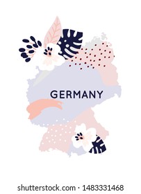 
Trendy colorful Germany map decorated with cute floral ontaments and country name lettering, perfect for touristic prints or souvenirs
