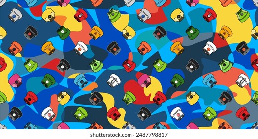 Trendy Colorful Graffiti Spray Caps Assorted Seamless Pattern Vector Illustration Background