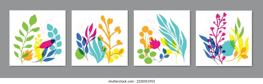 Trendy colorful graphics illustration vector design. For decorative poster flyer banner prints or frames. Modern and eye-catching vector set presents multicolor botanical on white square background.