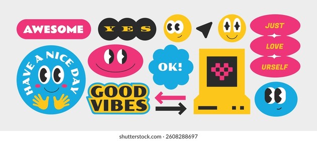 Trendy colorful groovy funny sticker with slang and quotes word gen z millenials. Y2k style vintage art.