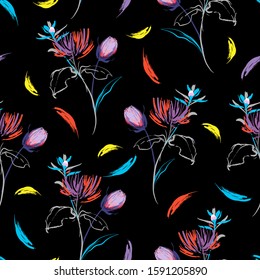 Trendy Colorful Hand brush strokes line of botanical flowers sketch style. Vector seamless pattern illustration design for fashion,fabric ,and all prints on black