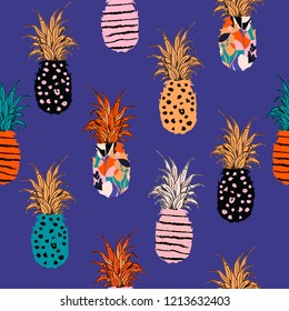 Trendy Colorful  hand drawn pineapple fill-in with hand sketch line pattern seamless ,vector design for fashion,fabric,wallpaper,and all prints on electric blue background