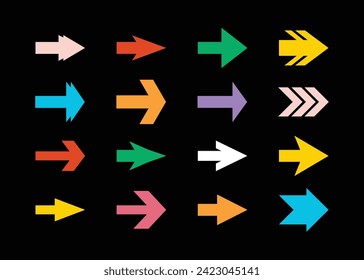 Trendy colorful isolated pointy sharp edge direction arrows icons design element set with different shapes on black background svg