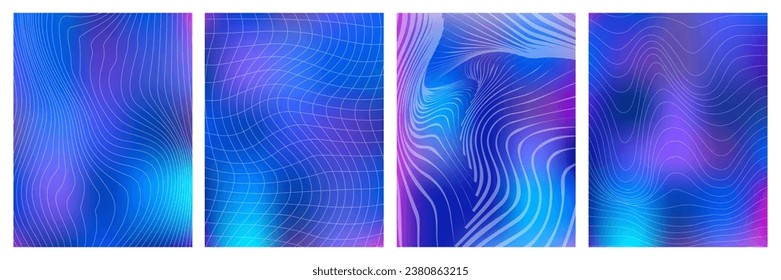 Trendy colorful mesh background set. Y2k retro futuristic wireframe grid. 
Purple and blue smooth color vector banner.