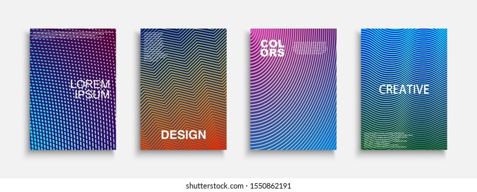 Trendy colorful minimalistic covers, templates, posters, placards, brochures, banners, flyers and etc. Abstract geometric halftone backgrounds with gradient. Digital striped patterns