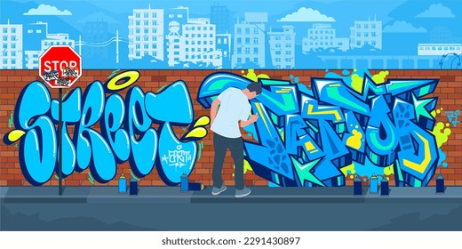 Trendy Colorful Outdoor Urban Streetart Graffiti Wall With Drawings Against The Background Of The Cityscape Vector Illustration