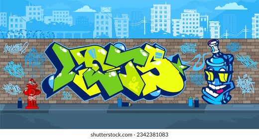 Trendy Colorful Outdoor Urban Streetart Graffiti Wall With Drawings Against The Background Of The Cityscape Vector Illustration