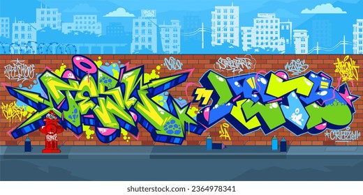Trendy Colorful Outdoor Urban Streetart Graffiti Wall With Drawings Against The Background Of The Cityscape Vector Illustration