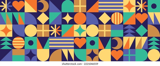 Trendy colorful pattern. Abstract geometric banner. Joyful vector illustration. Winter holidays. Modern seamless header. Graphic patterns. Mosaic background. Christmas elements for web. Warm colors.