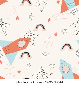 Trendy colorful pattern with rockets. Vector childish background for fabric / textile. Fashionable template for design. Vector illustration. 