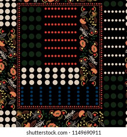 Trendy colorful  polka dots pattern mix and Bohemian flowers seamless pattern vector for fashion,scarf ,fabric and all prints on black background