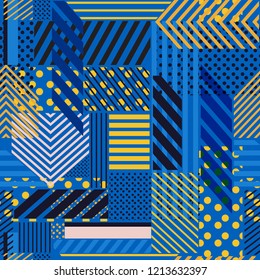 Trendy Colorful polka dots,stripe,line,pattern mix in modern style seamless pattern vector design for fashion,fabric,wallpaper and all prints on electric blue background color