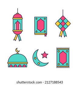 trendy colorful ramadhan icon set with lantern lamp, al qur'an book, ketupat, mosque, prayer mat, and crescent moon