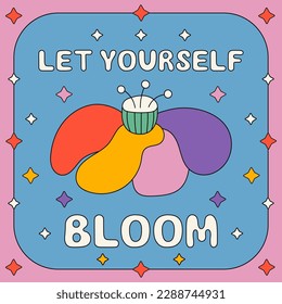 Trendy colorful retro card Let yourself bloom sign, fantasy flower with stars in ornament