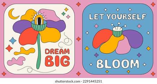 Trendy colorful retro card set Dream big sign  Let yourself bloom inscription  Fantasy flower and eye  crescent moon  stars  clouds