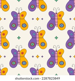 Trendy colorful retro seamless pattern with fantasy butterflies and stars