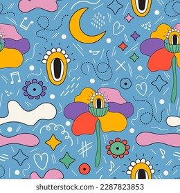 Trendy colorful retro seamless pattern with fantasy abstract shapes, lines, flowers, eyes, stars, clouds, crescent moon