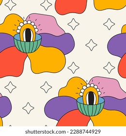 Trendy colorful retro seamless pattern with fantasy flower with eye and stars.