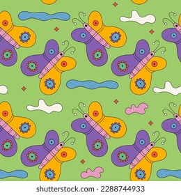 Trendy colorful retro seamless pattern with fantasy butterflies, moon, stars, clouds