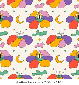 Trendy colorful retro seamless pattern and fantasy flower and eye  crescent moon  clouds  stars