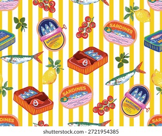 Sardinas coloridas de moda en latas. patrón sin fisuras, comida mediterránea dibujada a mano Conservas de pescado de mar, merienda en paquetes de lata a rayas Diseño para moda, tela, textil, Fondo de pantalla, envoltura y todos los estampados