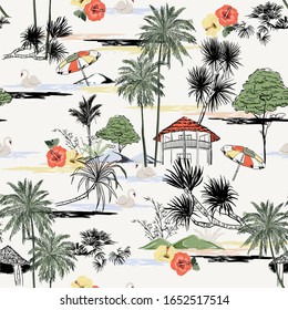 Trendy colorful seamless island seamless pattern vector. Landscape with palm trees,beach and ocean hibiscus flower, swans ,hut vector beach elements hand drawn style on white color background 