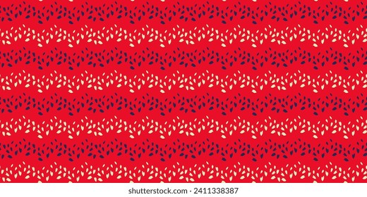 Trendy colorful seamless pattern with striped zigzag in a dot. Simple red background with lines and texture dots, drops, spots. Vector hand drawn sketch shape. Design for fashion, textile, fabric