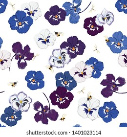 Trendy Colorful Seamless pattern in vector pansy flower  with dragonfly and bumble bess ,Design for fashion,fabric,web,wallpaper,and all prints on white background color