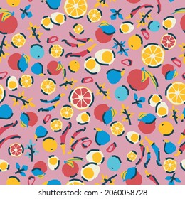 Trendy colorful seamless pattern with vegetables and fruits. Vector illustration, background, wrapping paper