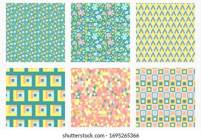 Trendy Colorful Seamless Patterns, collection. Floral and geometric prints