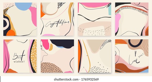 Trendy colorful set of abstract artistic backgrounds. Modern hand drawn vector illustrations. 