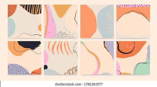 Trendy colorful set of abstract artistic backgrounds. Modern hand drawn vector illustrations. 